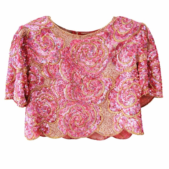 Carolyne Barton Tops - VTG Sequin Beaded Cropped Top Pink Gold Roses Scallop Hem Fairycore Glam  14